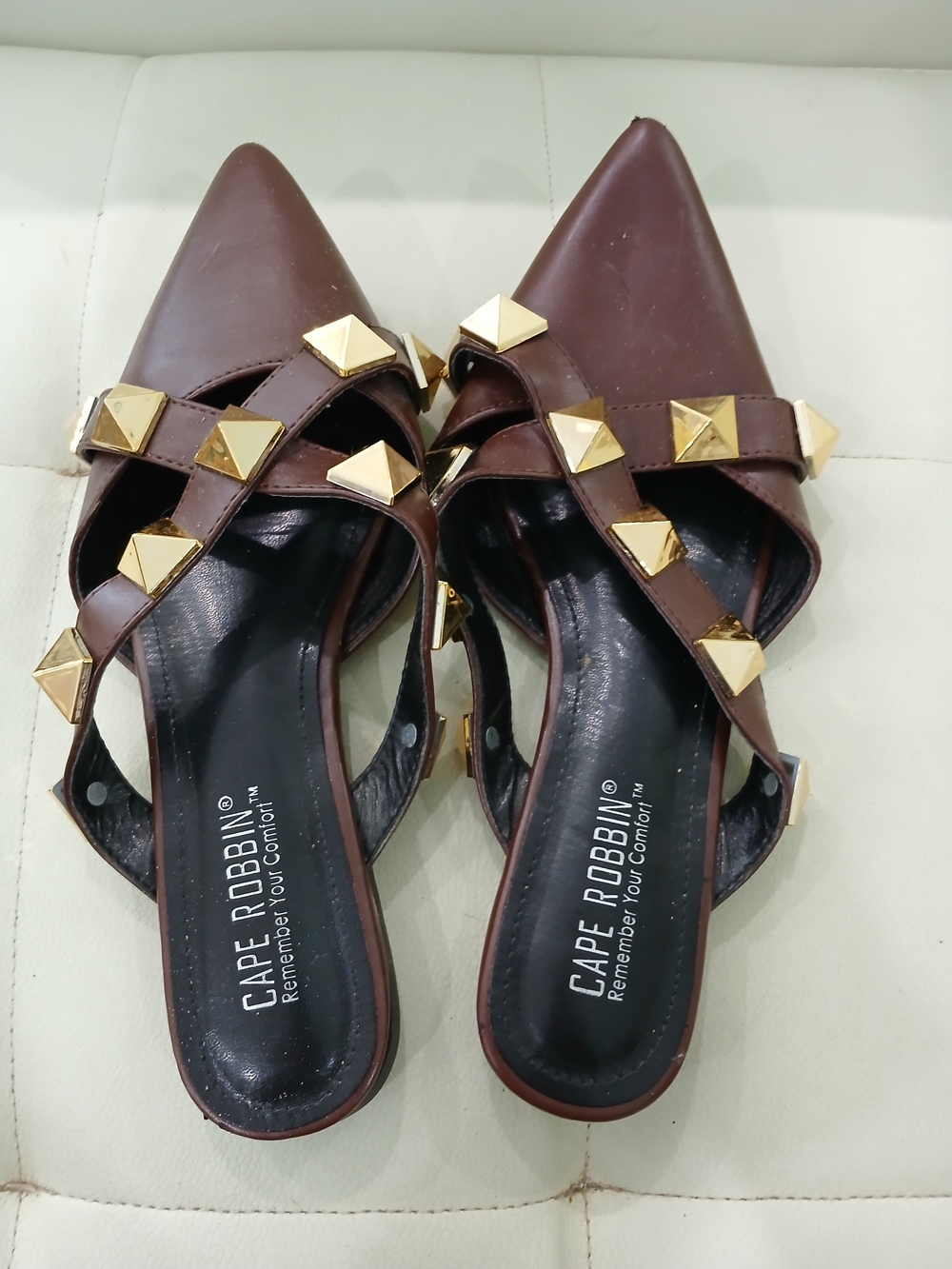 Cape Robbin Brown Pointed Studded Flat Mules